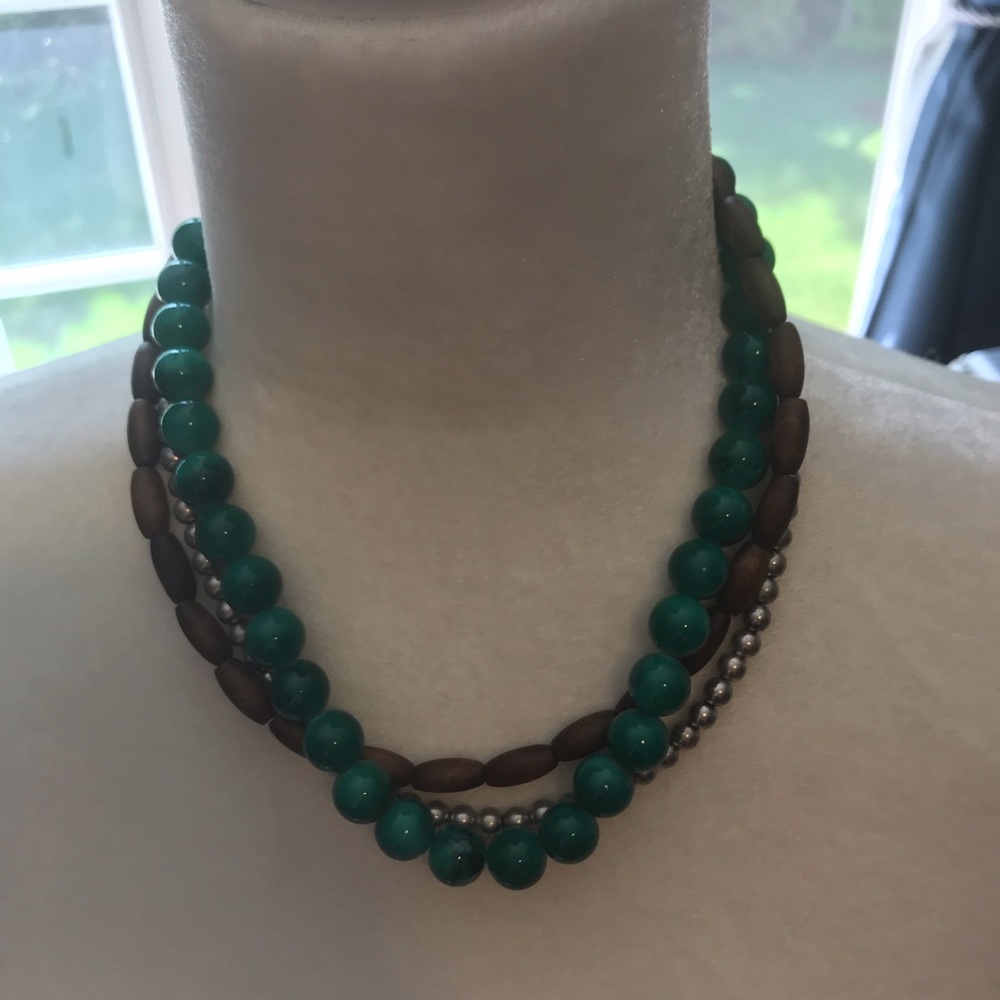 Green, brown, and silver necklace
